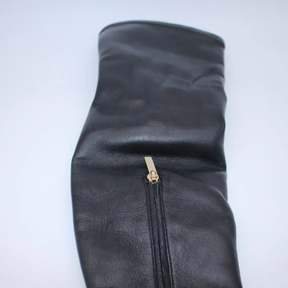VERSACE OVER-THE-KNEE BLACK LEATHER HORSE RIDING STYLE Boots HIGH HEELS 37.5 7.5